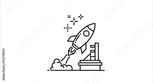 Rocket Launching Icon with Stars and Smoke Trail Ready for Space Travel.