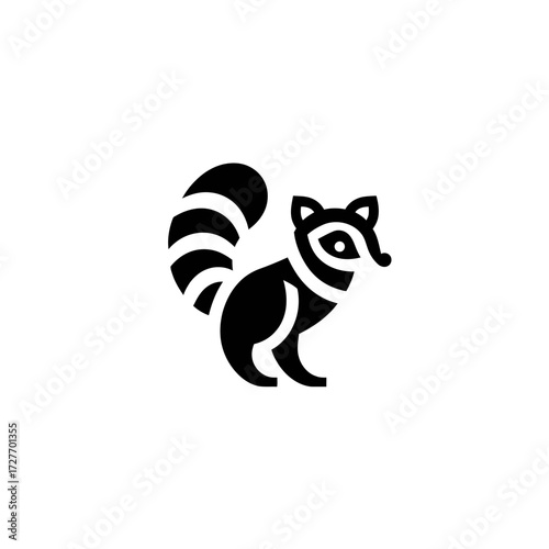 Stylized black silhouette of a raccoon with striped tail, facing right, on white