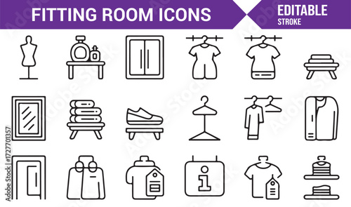 Outline vector icons of fitting room elements for retail and apparel design