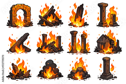 Animated fiery structure collection with burning flames and ruins