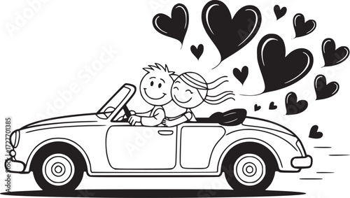 Romantic Getaway: Two stick figures in a classic convertible embrace each other with love and adventure. Hearts float above, symbolizing their shared journey.