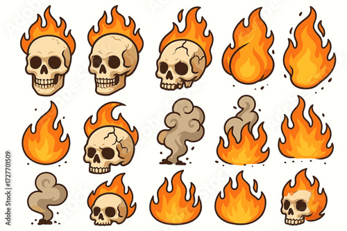 Flaming skulls and smoke with cartoon fire elements