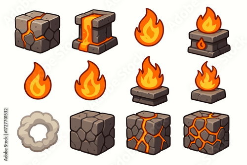 Cartoon lava and fire elements with stones and smoke in game design