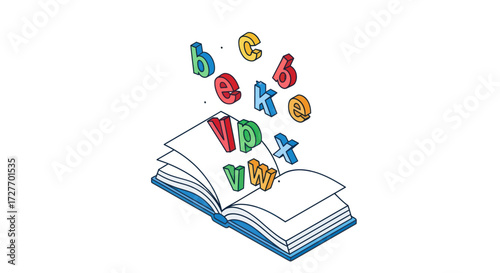 Open Book with Colorful Falling Alphabet Letters Illustration.