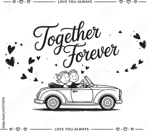 Together Forever: An Illustration of a Loving Couple Embarking on a Joyful Journey of togetherness in a classic convertible car. Capturing the timeless bond of love.