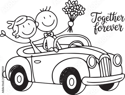 Together Forever: A charming line art illustration captures a joyful couple embarking on their journey, embodying the essence of love, unity, and eternal togetherness.