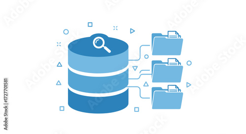 Blue Database Server with Magnifying Glass and Folders.
