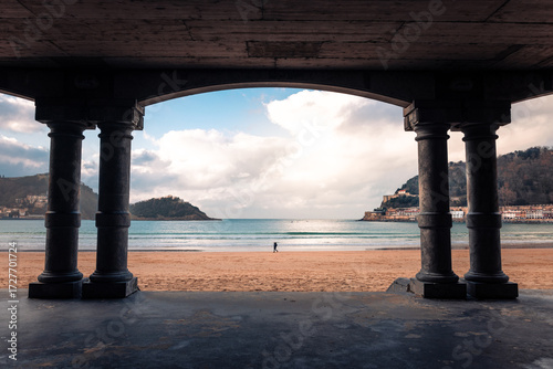 Arches of the walking promenade at Kontxa beach at Donostia-San Sebastian, Basque Country.