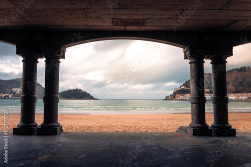 Arches of the walking promenade at Kontxa beach at Donostia-San Sebastian, Basque Country.