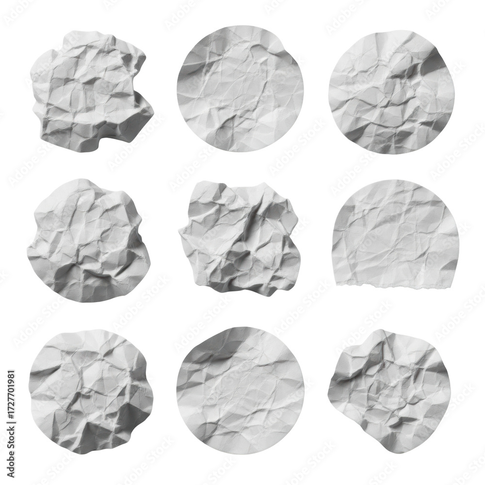 Naklejka premium Eight blank, circular white paper stickers, dynamically crumpled and creased with rough matte texture, one with a delicate tear, isolated on a transparent background. Textural study concept