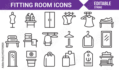 Vector icon collection of dressing rooms, hangers, mirrors, and mannequins