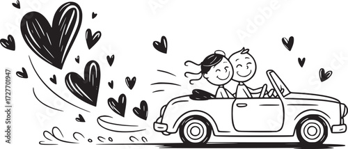 Love on the Road: A whimsical illustration depicts a joyful couple driving away in a classic convertible, surrounded by floating hearts that symbolize their love.