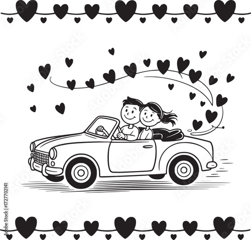 Love Ride: A heartwarming illustration of a couple in love embarking on a romantic road trip in a classic convertible car, surrounded by hearts, epitomizing love and togetherness.