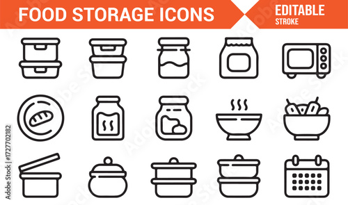 Household food storage icons pack for kitchen organization and cooking