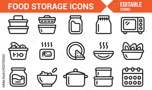 Food preservation and container icons collection in black line style