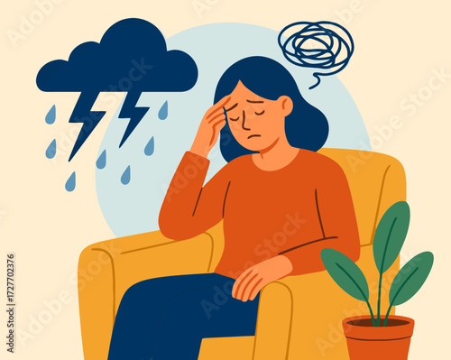 Flat illustration of a woman sitting in a chair, rubbing her forehead with her hand, with storm clouds above symbolizing inner worries.