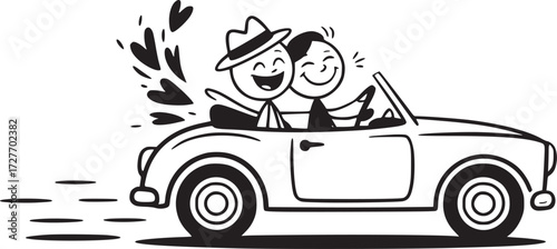 Romantic Getaway: Two stick figures in a classic car, the convertible, exuding joyful hearts. The epitome of love and happiness as they embark on a journey of togetherness.
