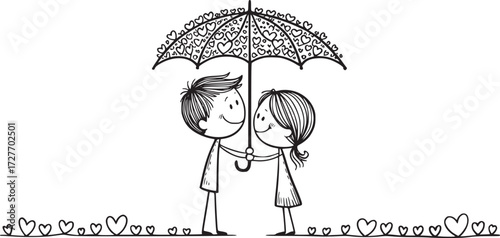 Love Under the Umbrella: A tender portrayal of affection. A cartoon depiction of a couple sheltering beneath an umbrella decorated with hearts, symbolizing protection and the sweetness of love.