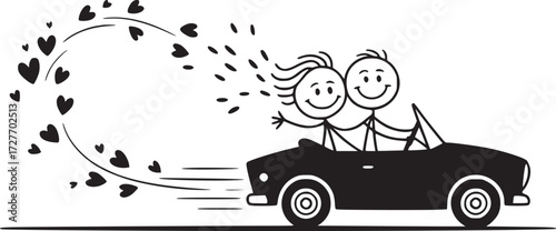 Romantic Road Trip:  A couple in love embark on a romantic road trip in a classic convertible, their journey marked by a trail of hearts, symbolizing joy and the adventure of togetherness. 