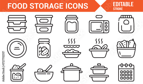 Editable line stroke icons of microwave, bowls, and food storage designs