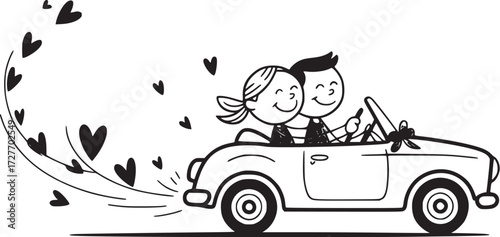 Couple Driving in Car With Hearts: A romantic doodle depicts a happy couple joyfully driving a classic convertible car, their journey marked by a trail of hearts, symbolizing love and togetherness.