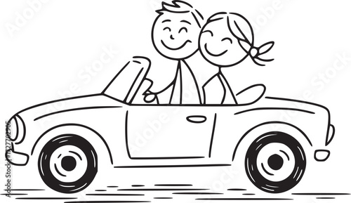 Stick Figure Romance: A joyful couple cruises in a classic convertible car, their smiles radiating happiness as they embark on an open road adventure together.