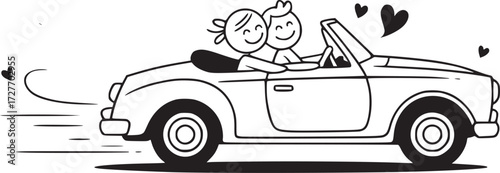 Romantic Getaway: Joyful stick figure couple enjoying a car ride together, symbolizing a romantic getaway with floating heart accents.