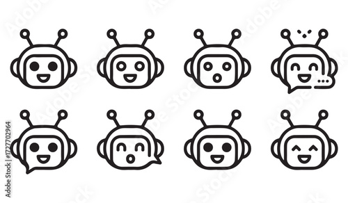 Minimal line set of robotic emoticons showing talking, smiling, and surprised expressions for technology graphics
