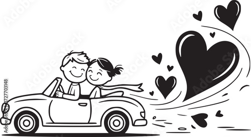 Love on the Road: An endearing cartoon couple embarking on a romantic journey in a charming convertible, hearts trailing in their wake, symbolizing love, togetherness, and shared adventures.