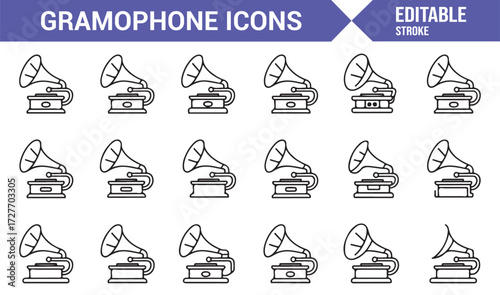 Editable line stroke vector icons of retro gramophones and phonographs