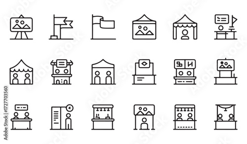Collection of outline trade fair booth, banner, billboard, and marketing stand icons for exhibition and advertising design