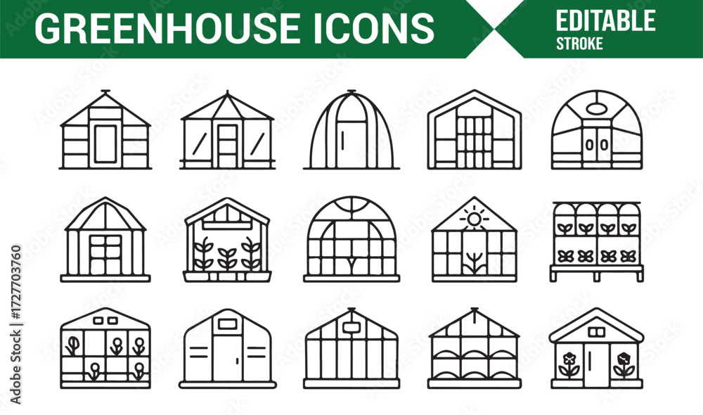 Fototapeta premium Black line greenhouse icon set for farm structures and horticultural design