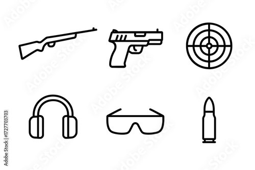 Set of firearm and shooting accessories icons in black outline on white
