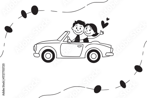 Love on Wheels: A stylized monochrome illustration of a joyful couple cruising in a vintage convertible, their hearts set on adventure and shared moments of pure bliss. 