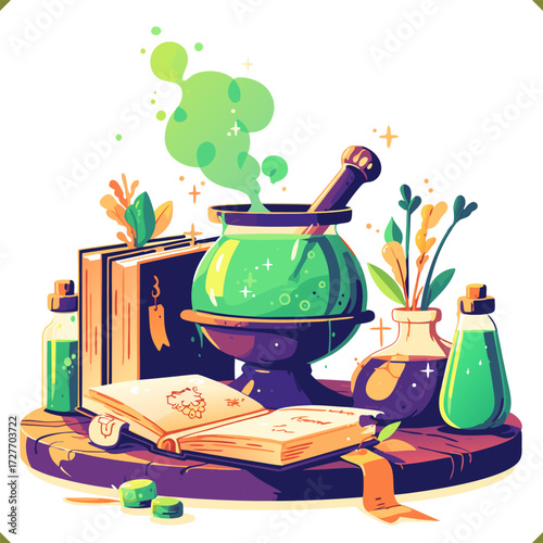 Vector illustration of magic potion cauldron with spell book and bottles, isolated on a white background