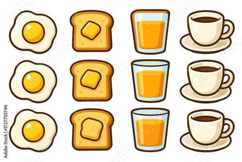 Cartoon breakfast set: eggs, toast with butter, orange juice, and coffee
