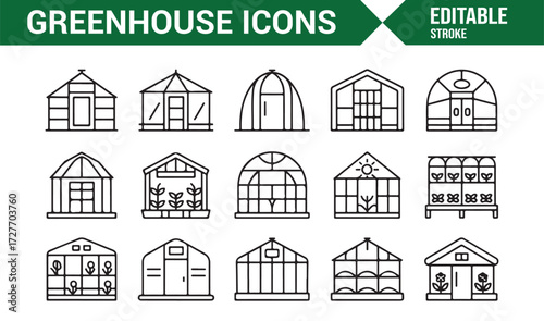 Black line greenhouse icon set for farm structures and horticultural design