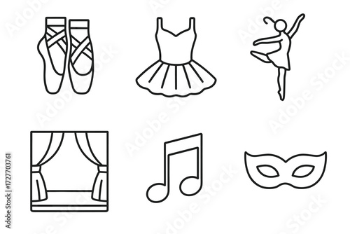 Ballet icons: pointe shoes, tutu, dancer, stage, music note, mask