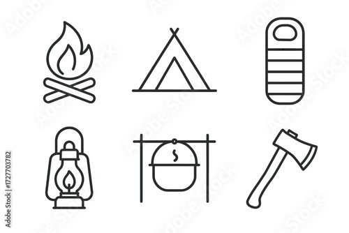 Camping essentials icons: fire, tent, sleeping bag, lantern, cooking pot, axe
