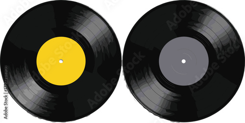Vinyl Record Duo Black Discs with Yellow and Gray Labels
