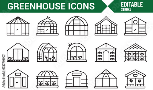 Collection of gardening greenhouse icons for agriculture and eco living