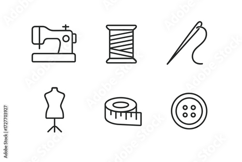 Sewing tools: machine, thread, needle, mannequin, tape, button icons