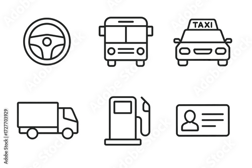 Transportation icons: steering wheel, bus, taxi, truck, gas pump, id card