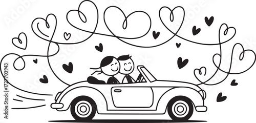 Love's Journey: A charming illustration of a couple on a romantic road trip, their convertible car adorned with whimsical hearts, symbolizing the beginning of their shared adventure.