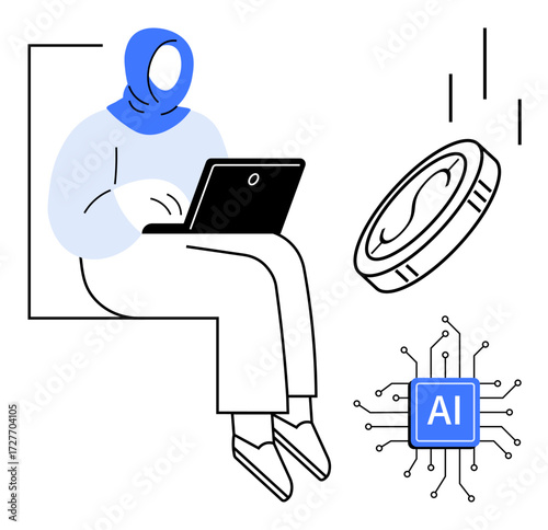 Woman in hijab typing on laptop, falling coin, and AI processor chip representing AI, remote work, fintech, innovation, cryptocurrency, education and future tech. Ideal for simple flat metaphor