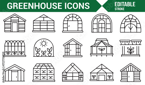 Minimal outline greenhouse icons for cultivation and horticultural projects