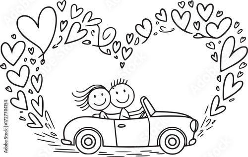 Love Journey in a Heart's Embrace: Charming cartoon depicts a happy couple in a convertible car framed by a heart-shaped cloud of love, symbolizing a shared adventure. 