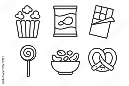 Outline icons of popcorn, chips, chocolate, lollipop, nuts, and pretzel snacks