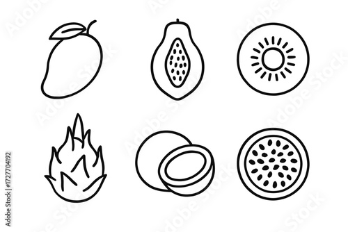 Outline icons of exotic fruits: mango, papaya, kiwi, dragon fruit, coconut, passion fruit