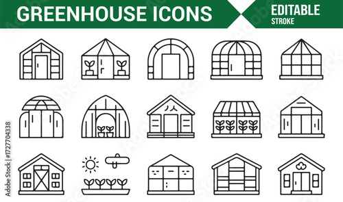 Greenhouse line art illustrations of domes, nurseries, and plant shelters